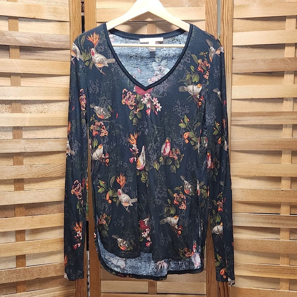 Forever 21 Contemporary Navy Floral Bird Long Sleeve Shirt Women M - Picture 2 of 8